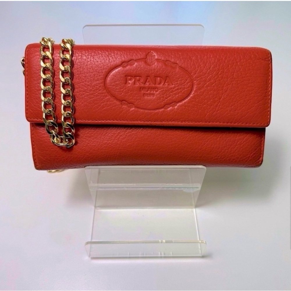 Prada Women's Red Orange Leather Clutch with Chain